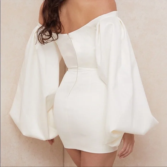 HOUSE OF CB 'Carlyn' Ivory Satin Balloon Sleeve Mini Dress NWOT